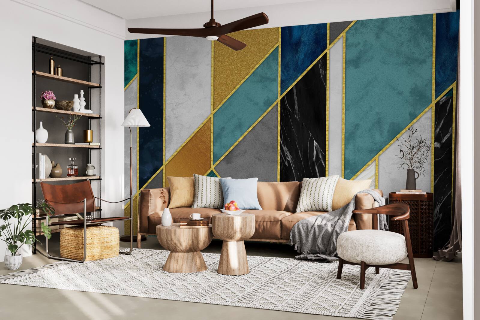 Fotobehang marmer in verschillende kleuren, afgewerkt met vergulde figuren