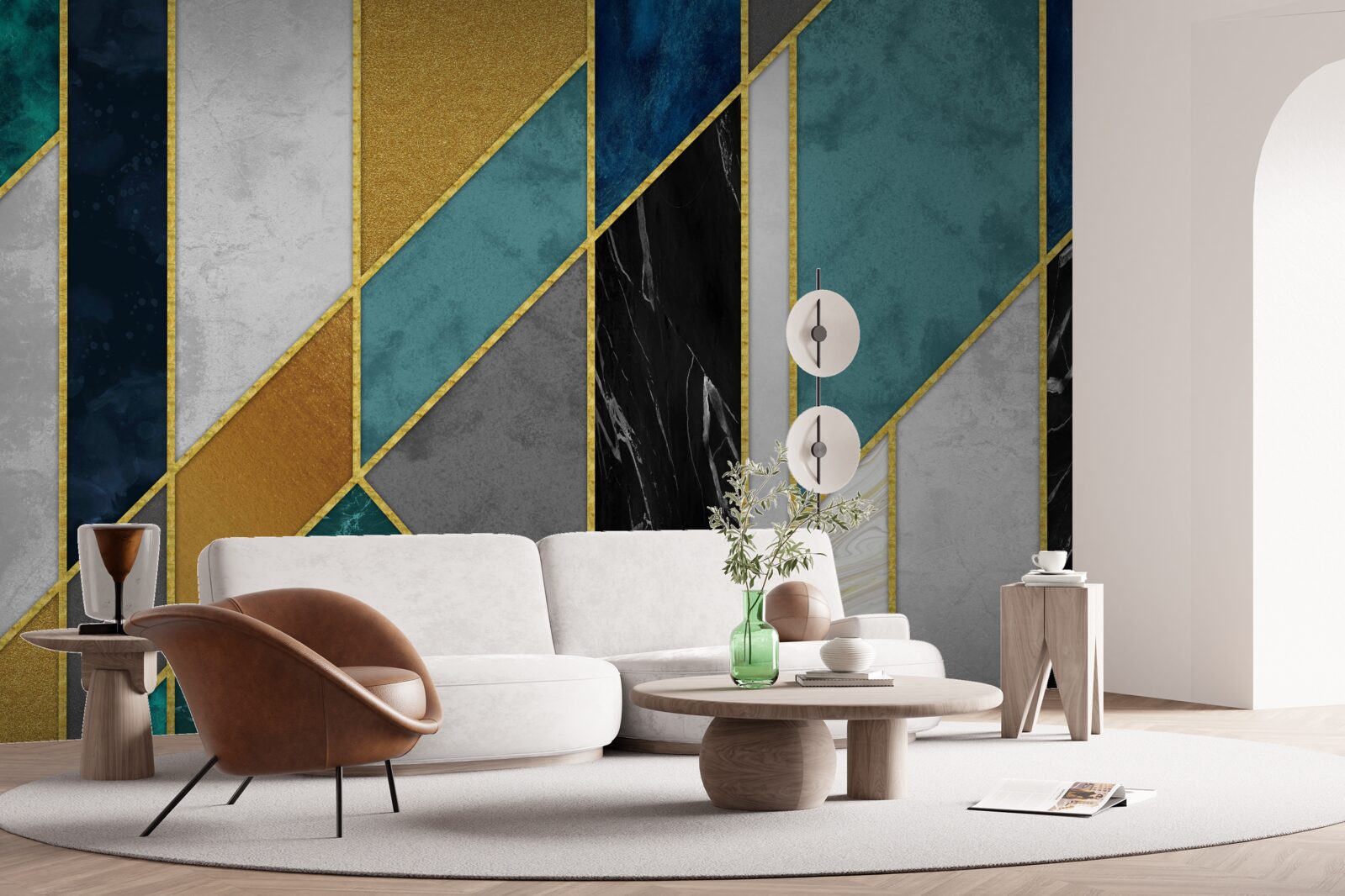 Fotobehang marmer in verschillende kleuren, afgewerkt met vergulde figuren