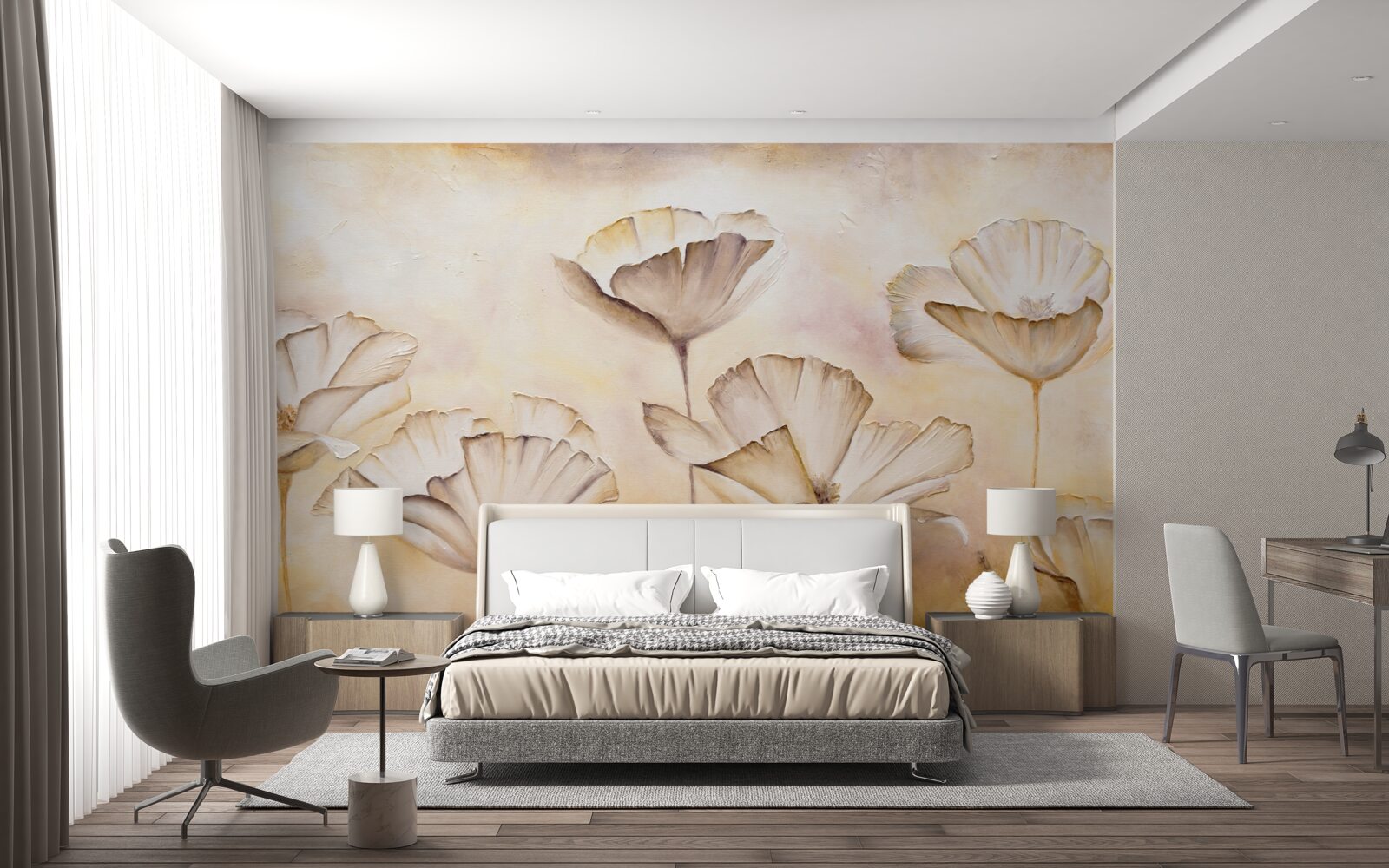 Fotobehang ochtend in de mist en majestueuze klaprozen