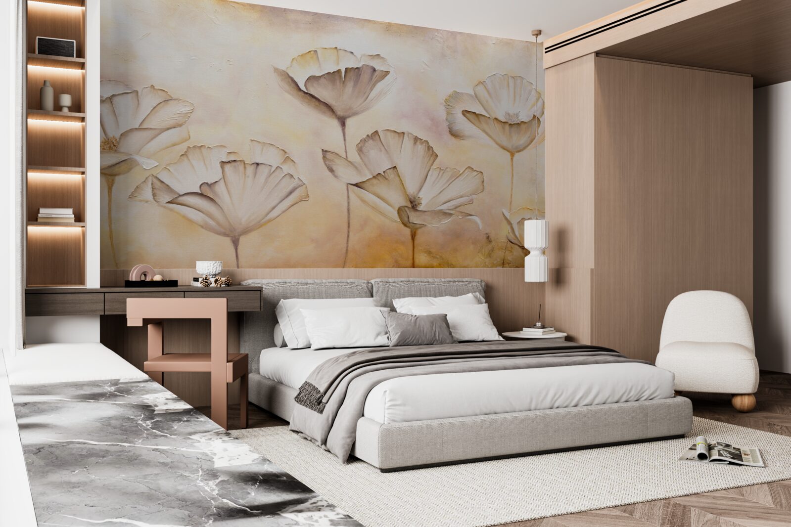 Fotobehang ochtend in de mist en majestueuze klaprozen