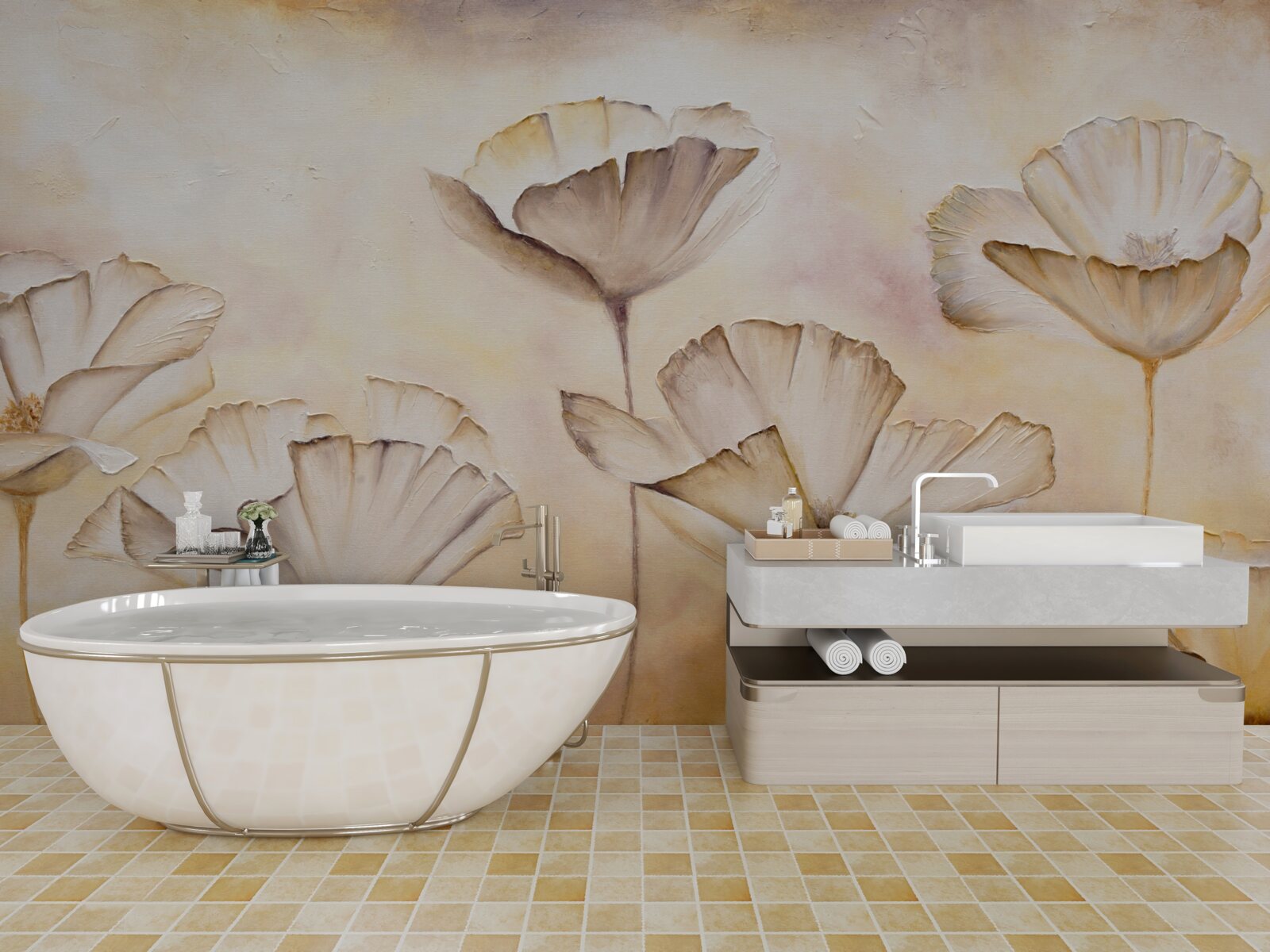 Fotobehang ochtend in de mist en majestueuze klaprozen