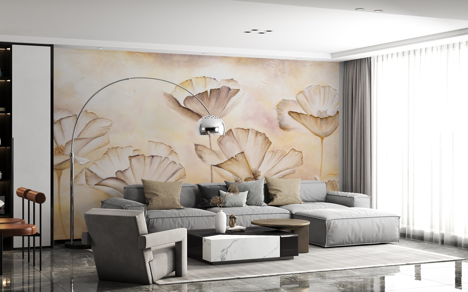 Fotobehang ochtend in de mist en majestueuze klaprozen