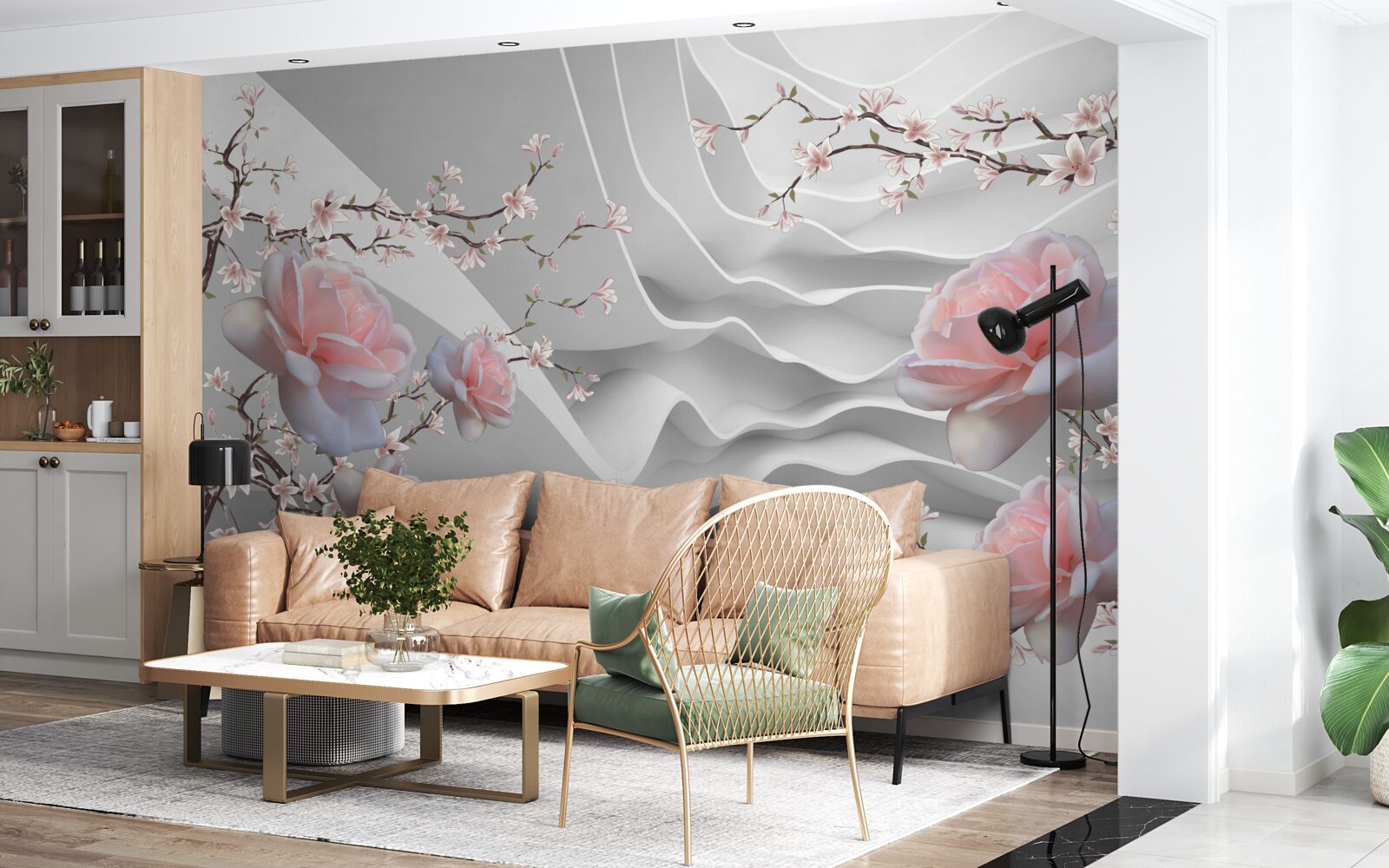 Fotobehang de abstracte achtergrond benadrukt op harmonieuze wijze de delicatesse van de roos