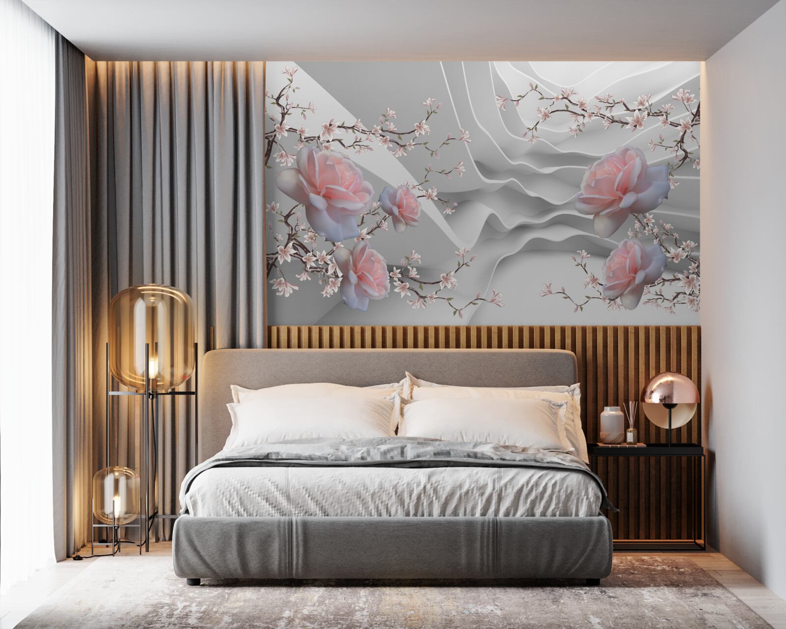 Fotobehang de abstracte achtergrond benadrukt op harmonieuze wijze de delicatesse van de roos