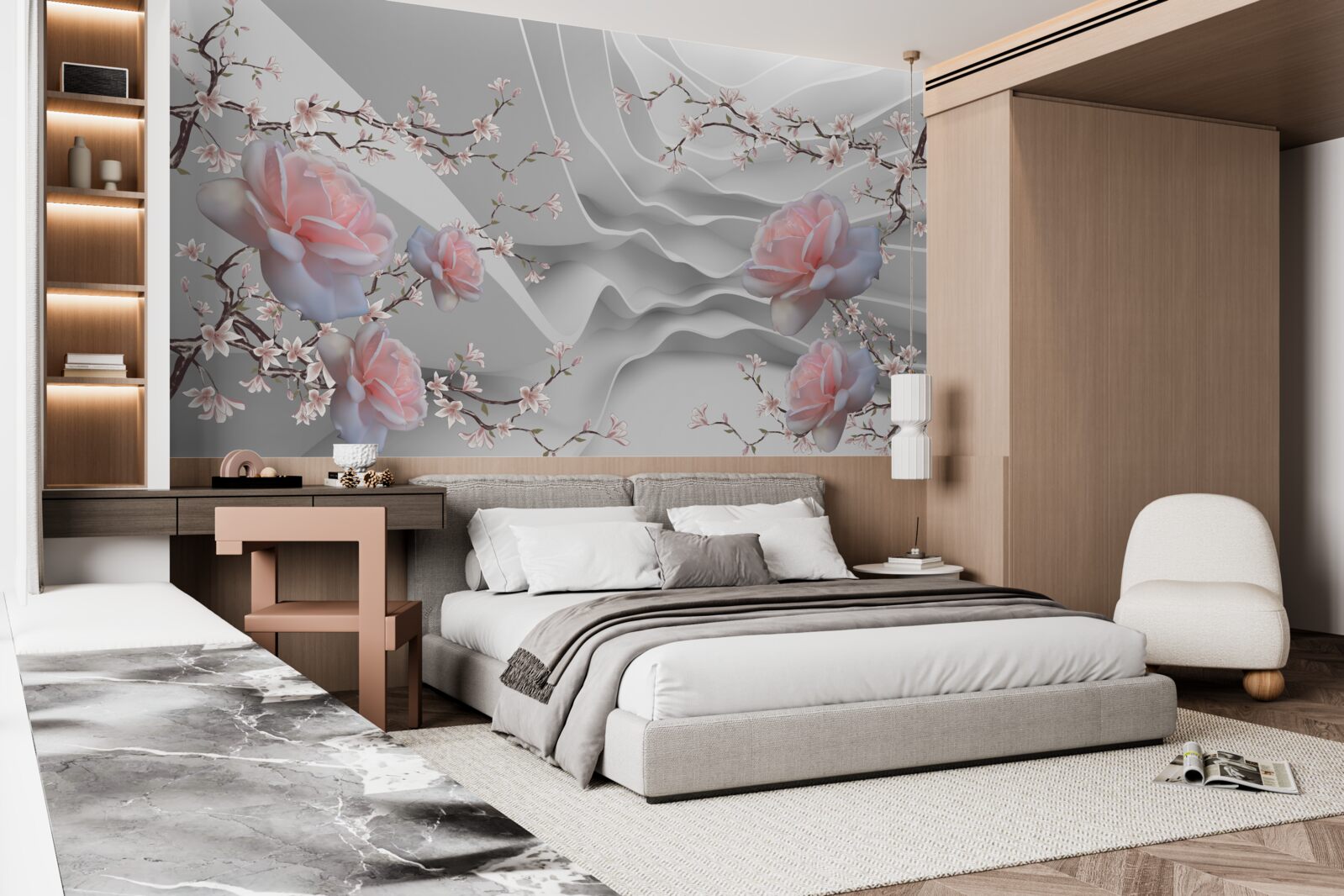 Fotobehang de abstracte achtergrond benadrukt op harmonieuze wijze de delicatesse van de roos