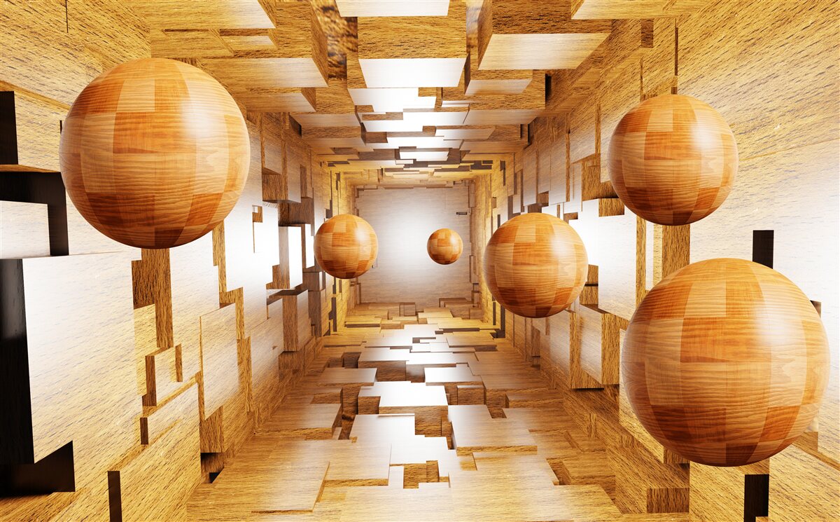 Fotobehang houten ballen die de lucht in vliegen, zweven in de lucht