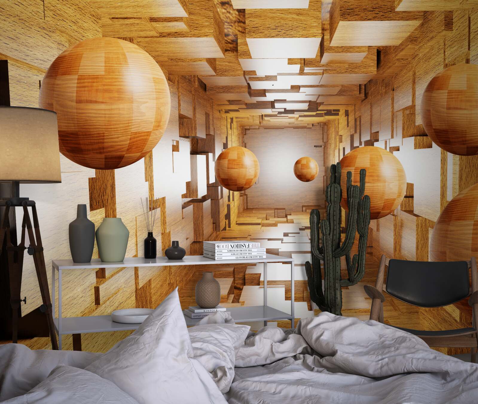 Fotobehang houten ballen die de lucht in vliegen, zweven in de lucht