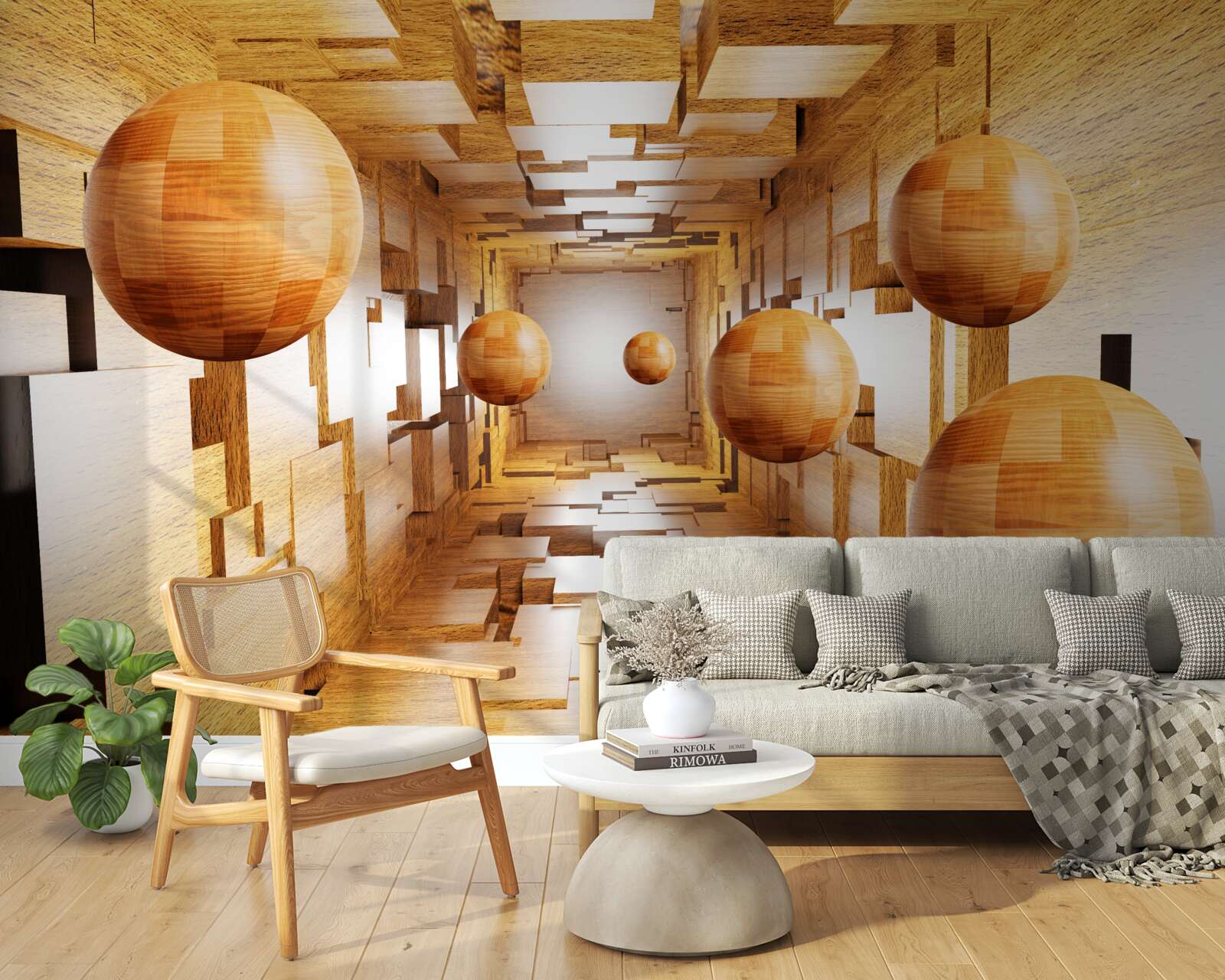 Fotobehang houten ballen die de lucht in vliegen, zweven in de lucht