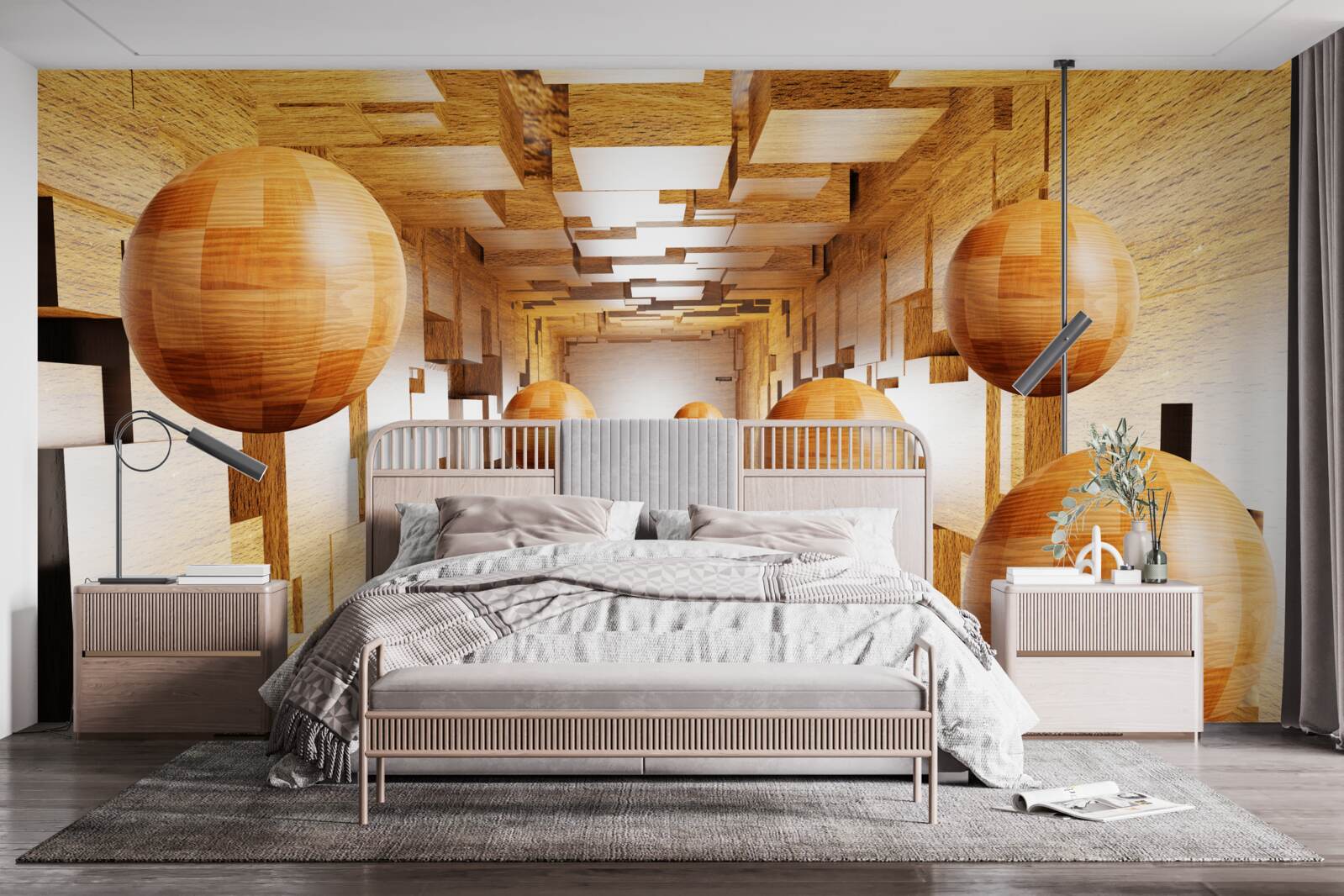 Fotobehang houten ballen die de lucht in vliegen, zweven in de lucht