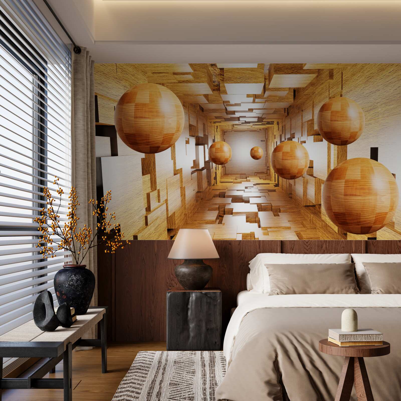 Fotobehang houten ballen die de lucht in vliegen, zweven in de lucht