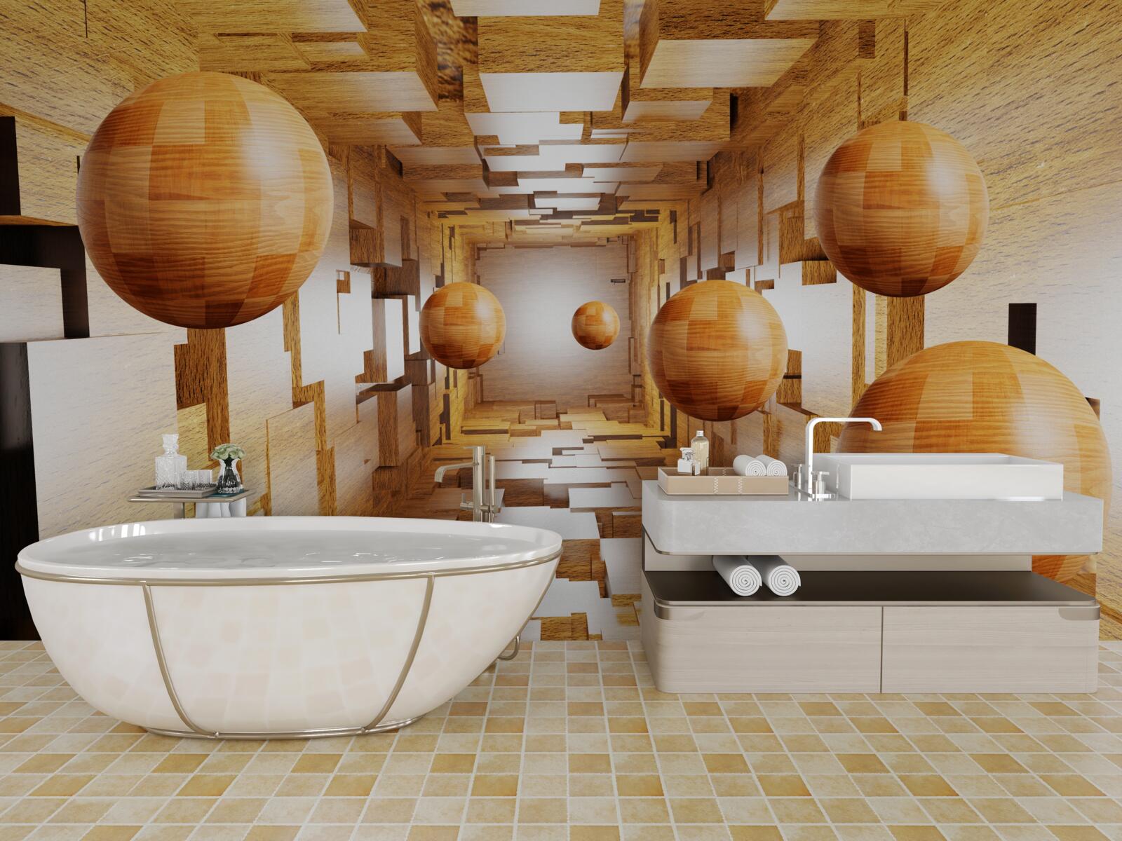 Fotobehang houten ballen die de lucht in vliegen, zweven in de lucht