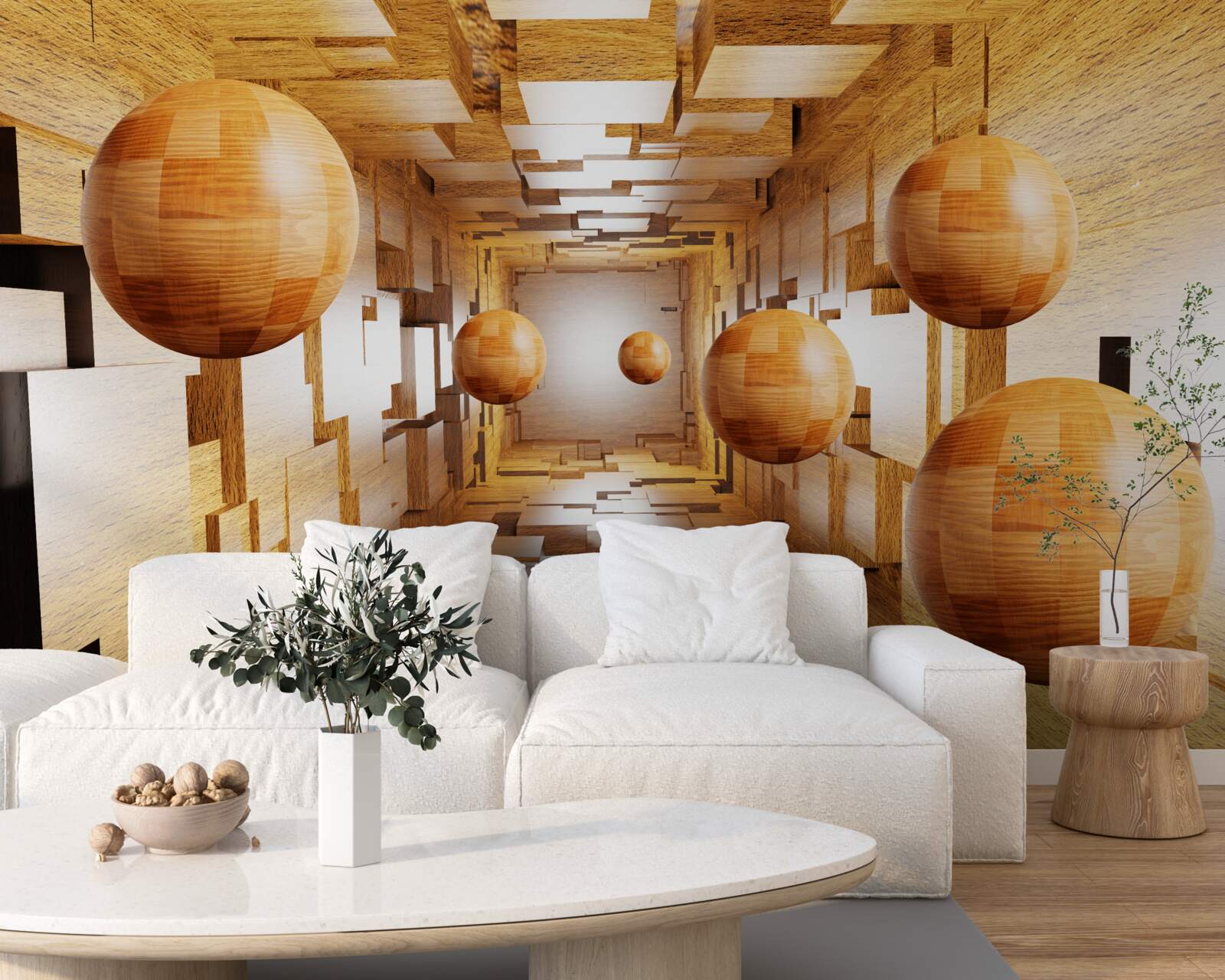 Fotobehang houten ballen die de lucht in vliegen, zweven in de lucht