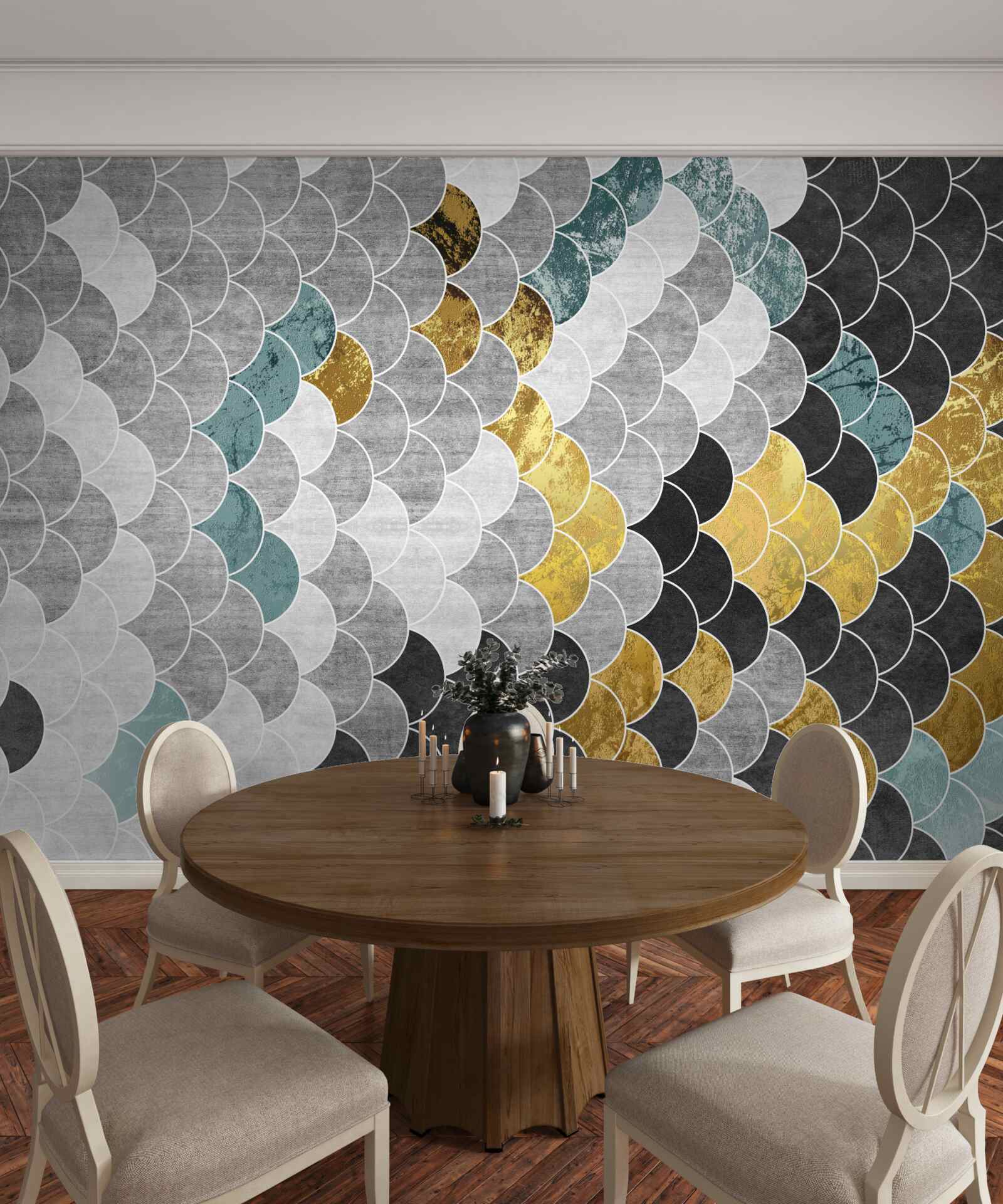 Fotobehang geometrische vormen in zwart en wit met gouden elementen