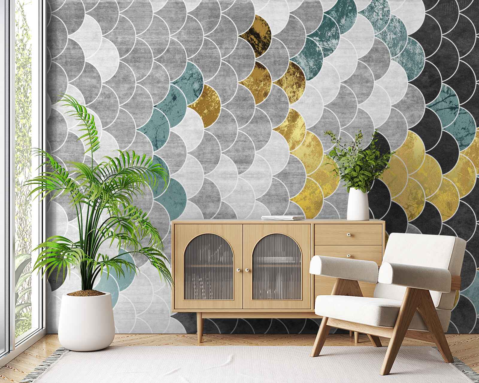 Fotobehang geometrische vormen in zwart en wit met gouden elementen