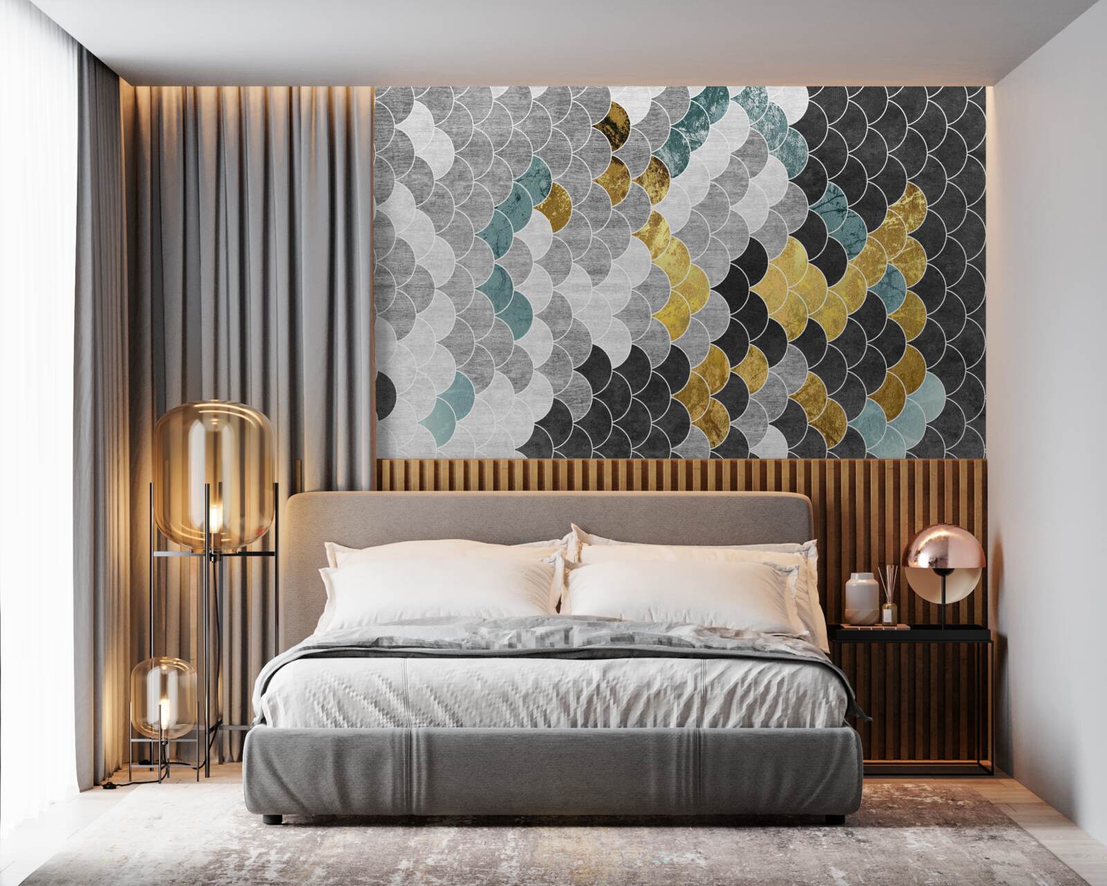 Fotobehang geometrische vormen in zwart en wit met gouden elementen