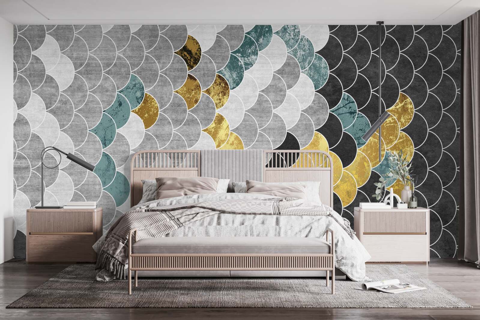 Fotobehang geometrische vormen in zwart en wit met gouden elementen