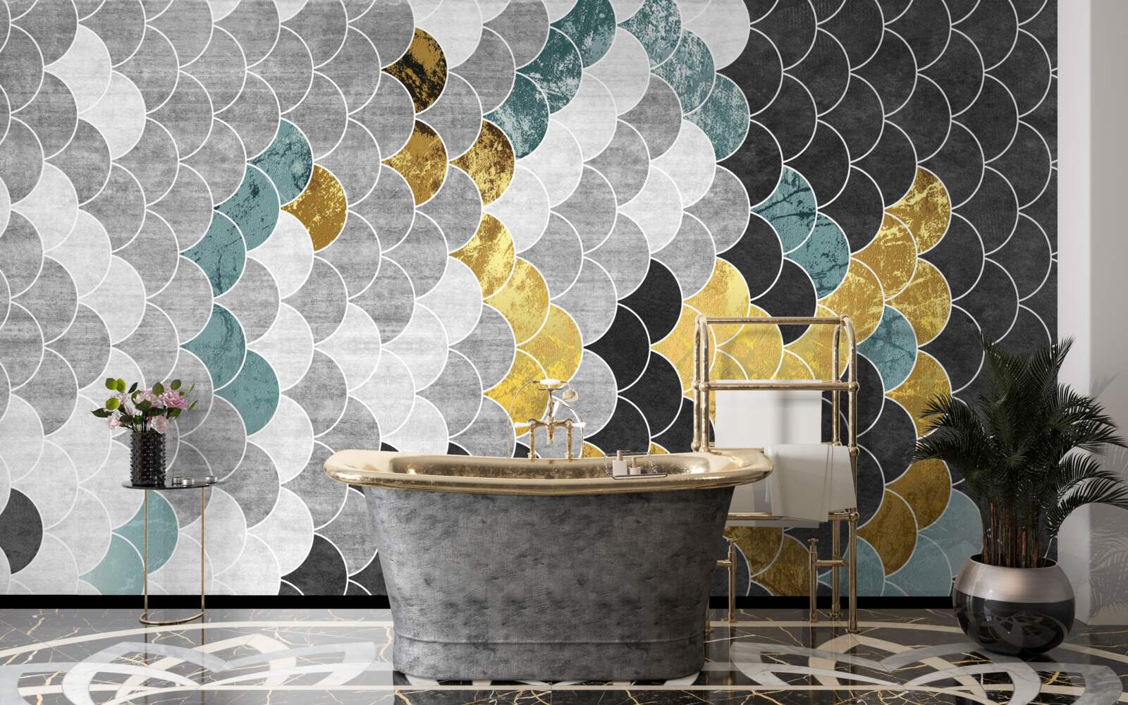 Fotobehang geometrische vormen in zwart en wit met gouden elementen