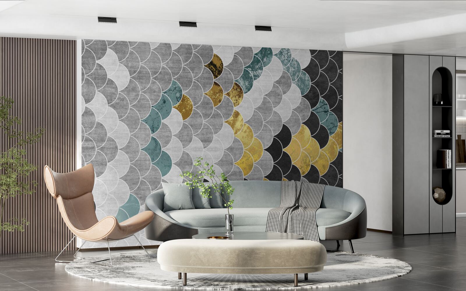 Fotobehang geometrische vormen in zwart en wit met gouden elementen