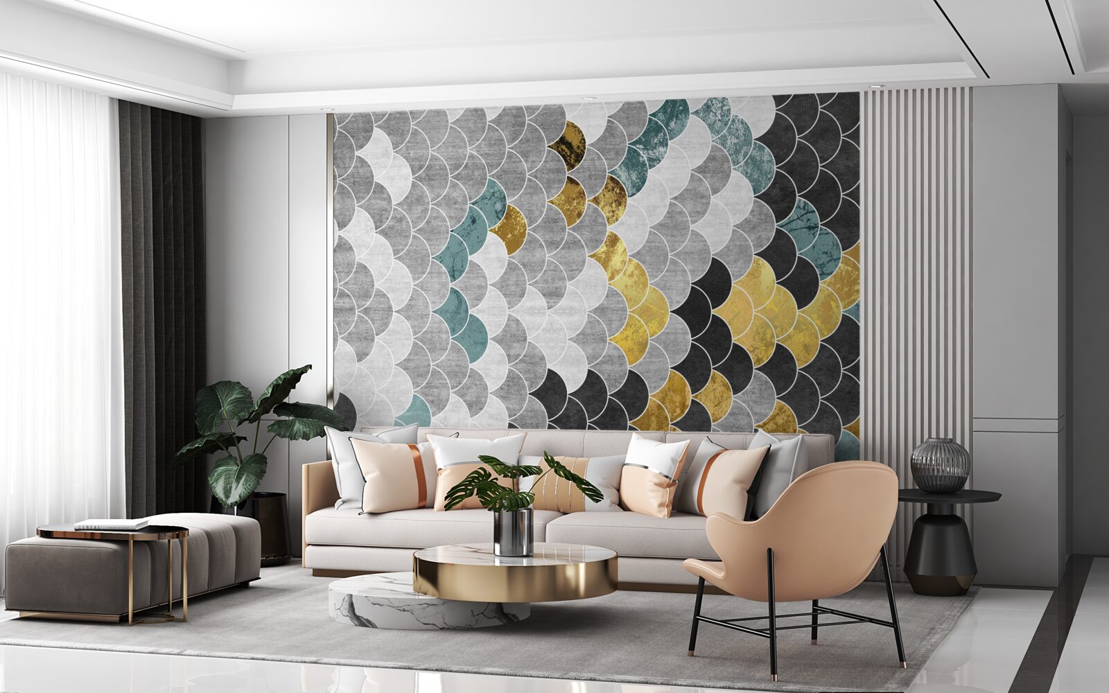 Fotobehang geometrische vormen in zwart en wit met gouden elementen