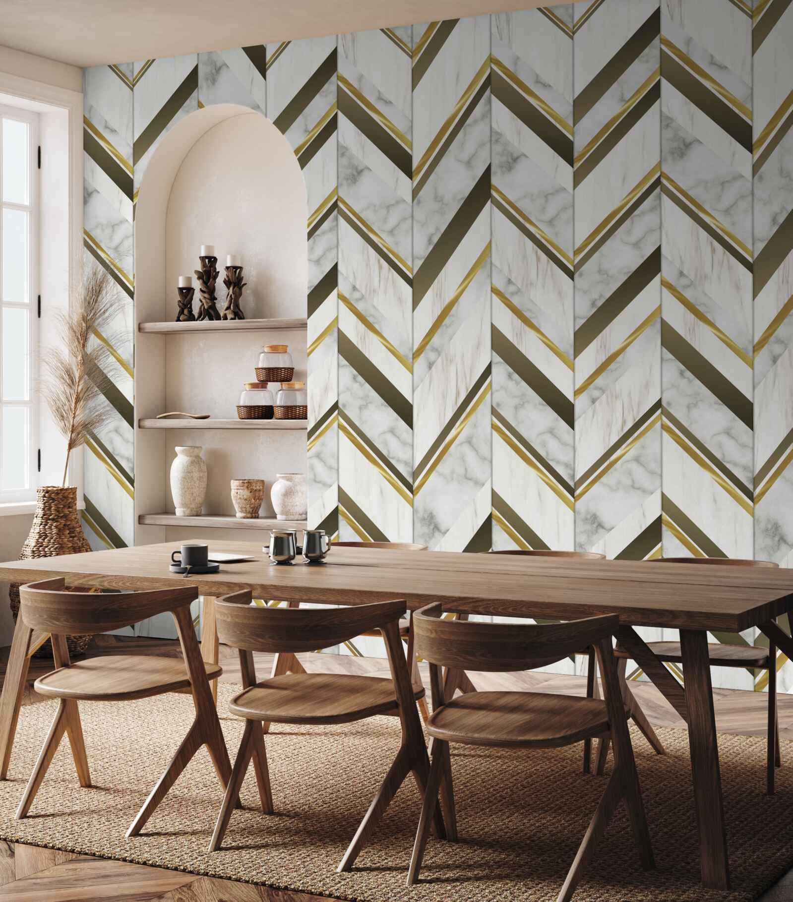 Fotobehang blauwe en bruine lijnen in een zigzagvorm