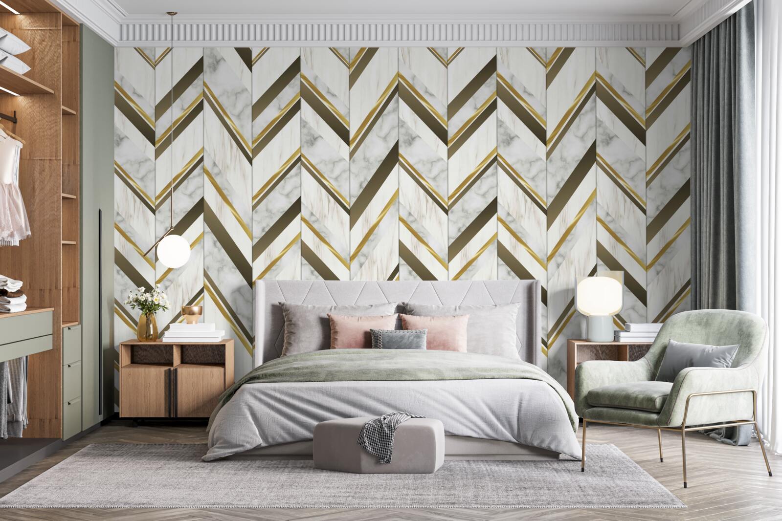 Fotobehang blauwe en bruine lijnen in een zigzagvorm