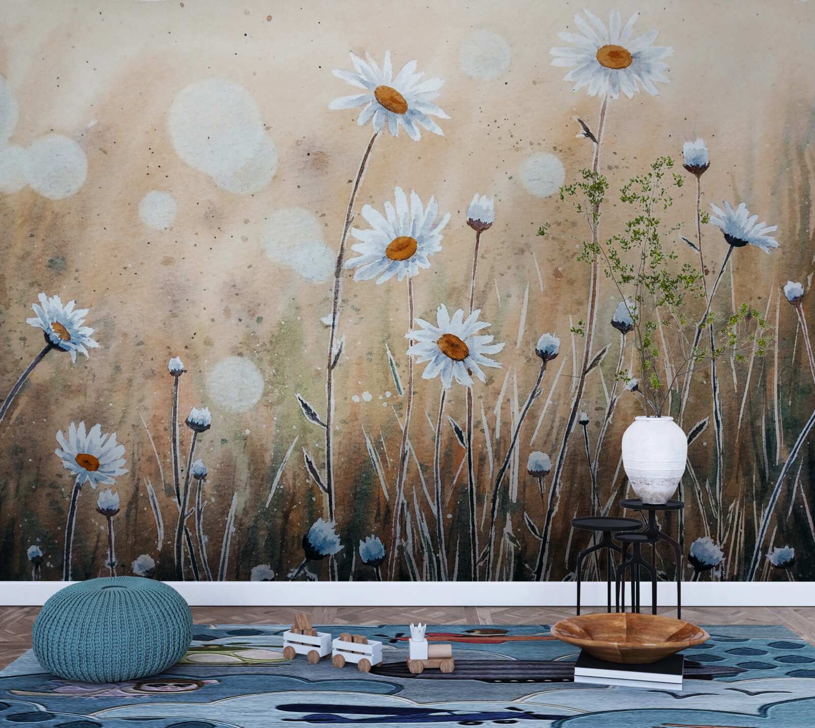 Fotobehang als model madeliefjes in een stortbui van zomerregen