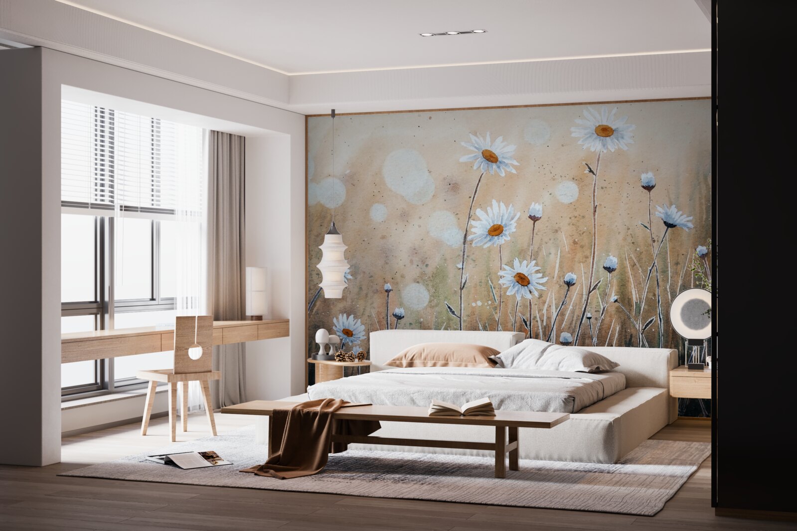 Fotobehang als model madeliefjes in een stortbui van zomerregen