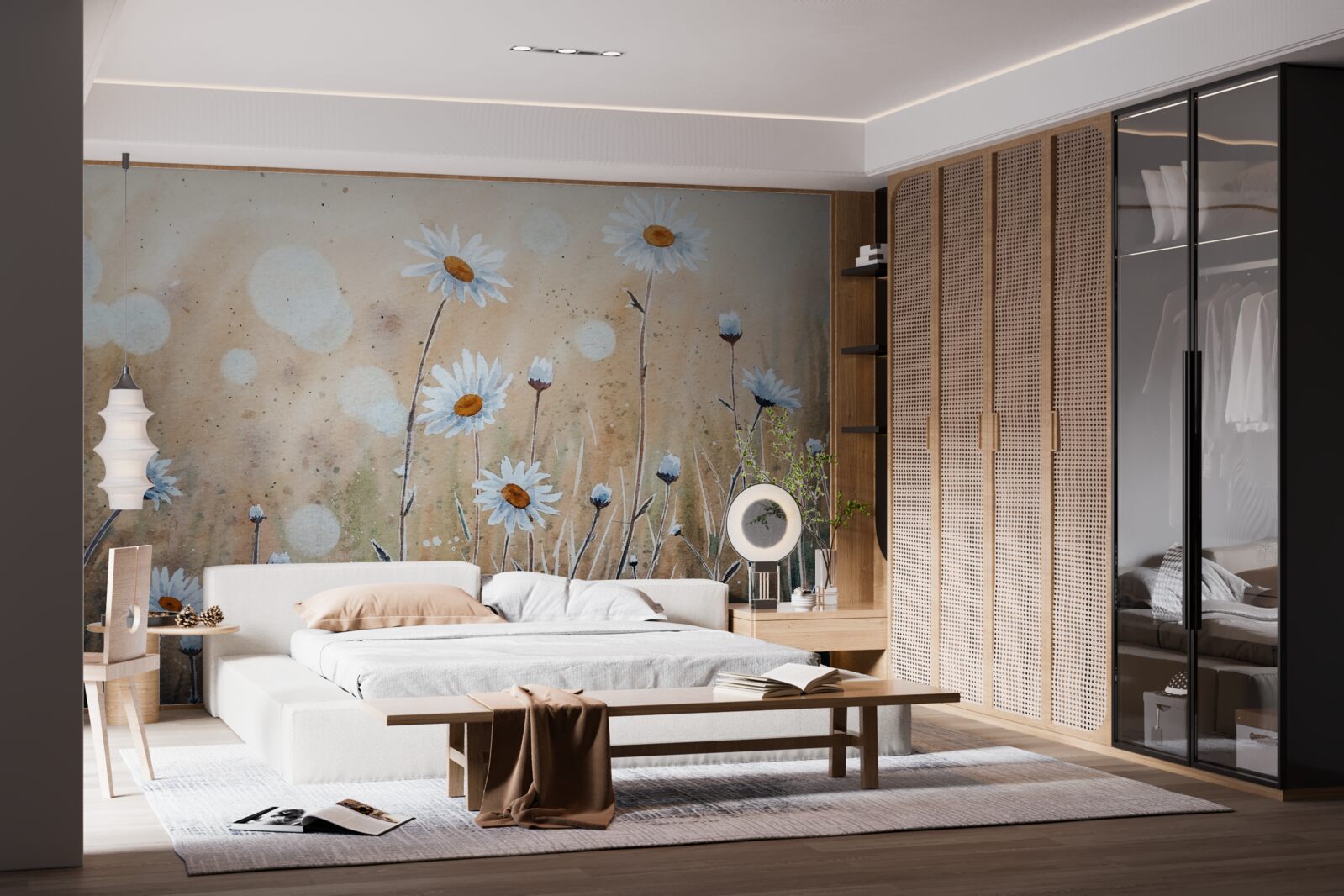 Fotobehang als model madeliefjes in een stortbui van zomerregen