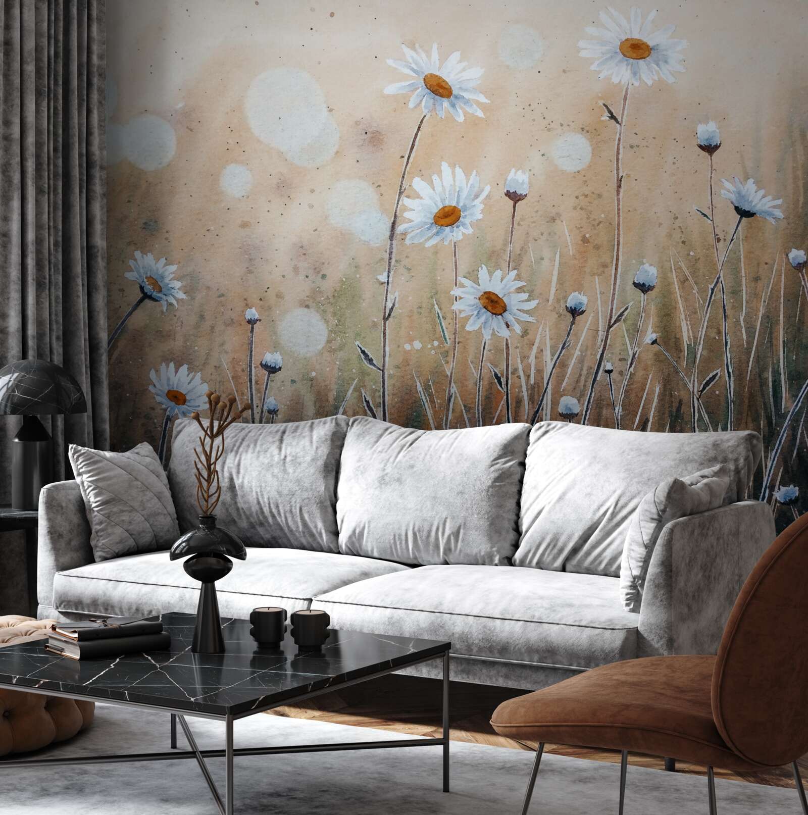 Fotobehang als model madeliefjes in een stortbui van zomerregen