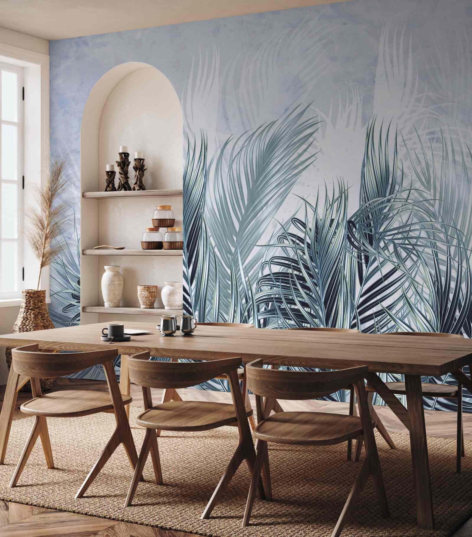 Fotobehang veren zijn als mist tussen de bladeren