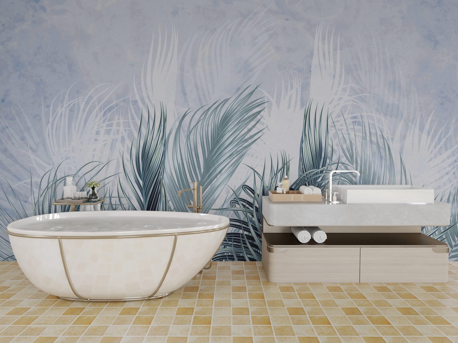 Fotobehang veren zijn als mist tussen de bladeren