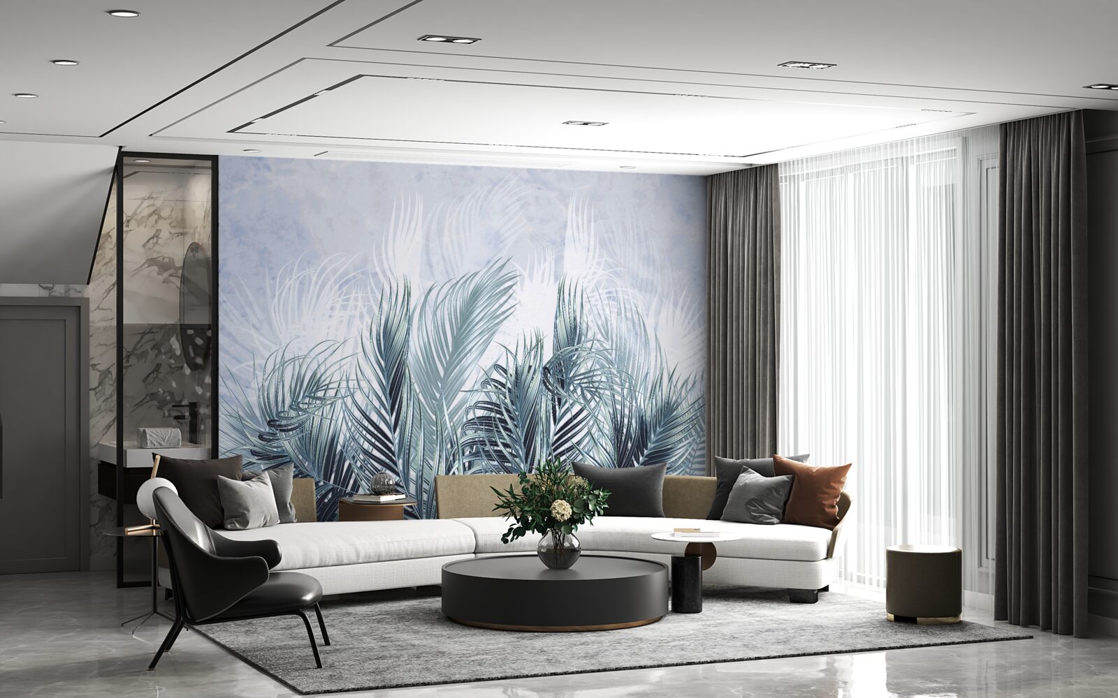 Fotobehang veren zijn als mist tussen de bladeren