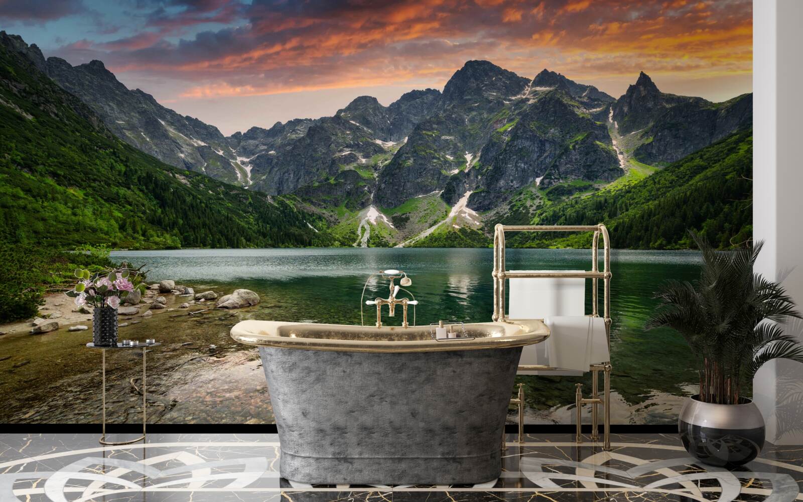 Fotobehang een kalme, warme avond en een bergvijver