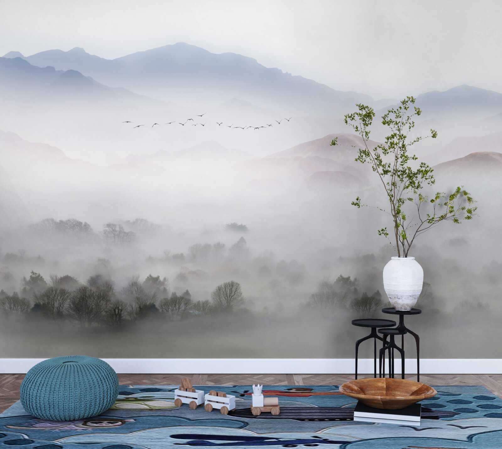 Fotobehang Dichte, koele mist omhult de bergtoppen