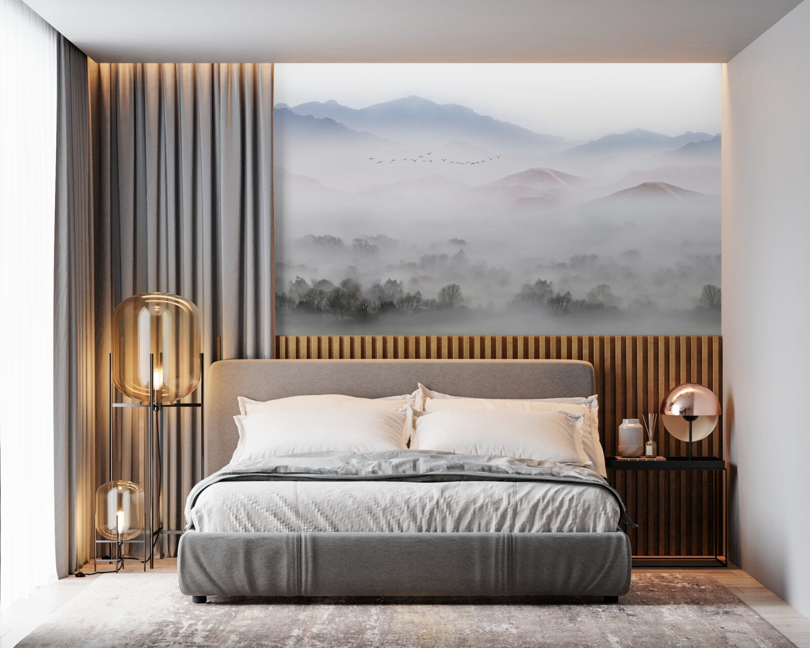 Fotobehang Dichte, koele mist omhult de bergtoppen