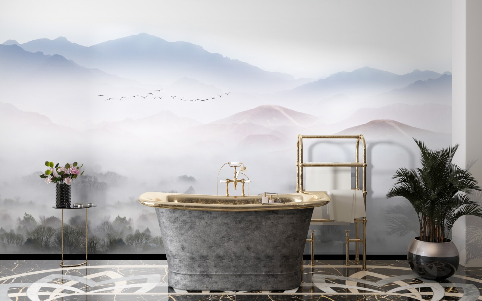 Fotobehang Dichte, koele mist omhult de bergtoppen