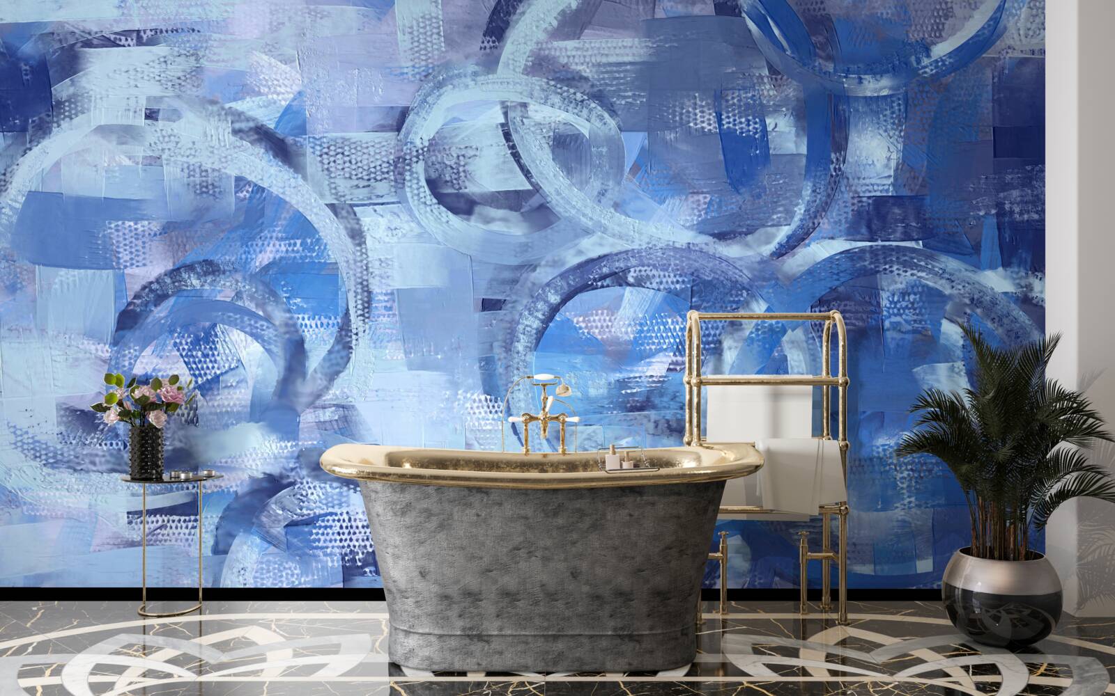 Fotobehang waterringen op een blauw oppervlak