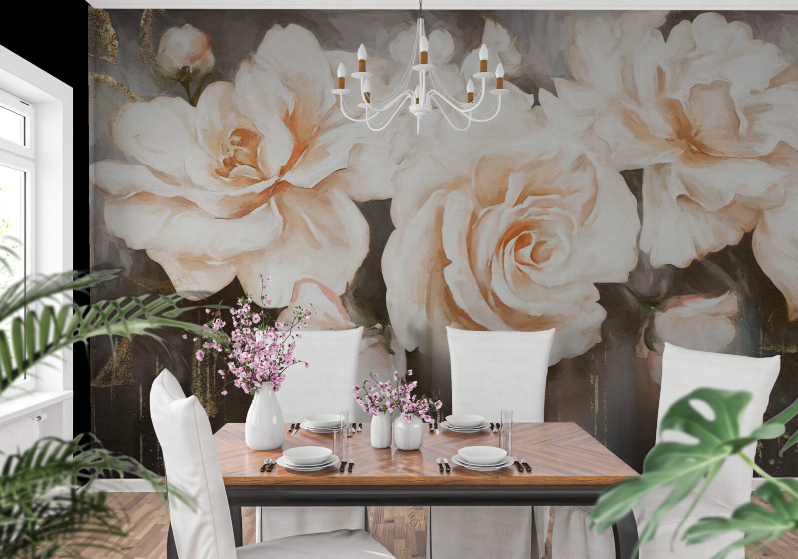 Fotobehang rozen hebben een luxe crèmekleurige tint