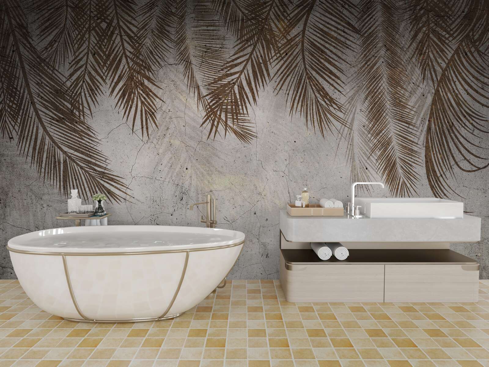 Fotobehang gouden varenbladeren hangen