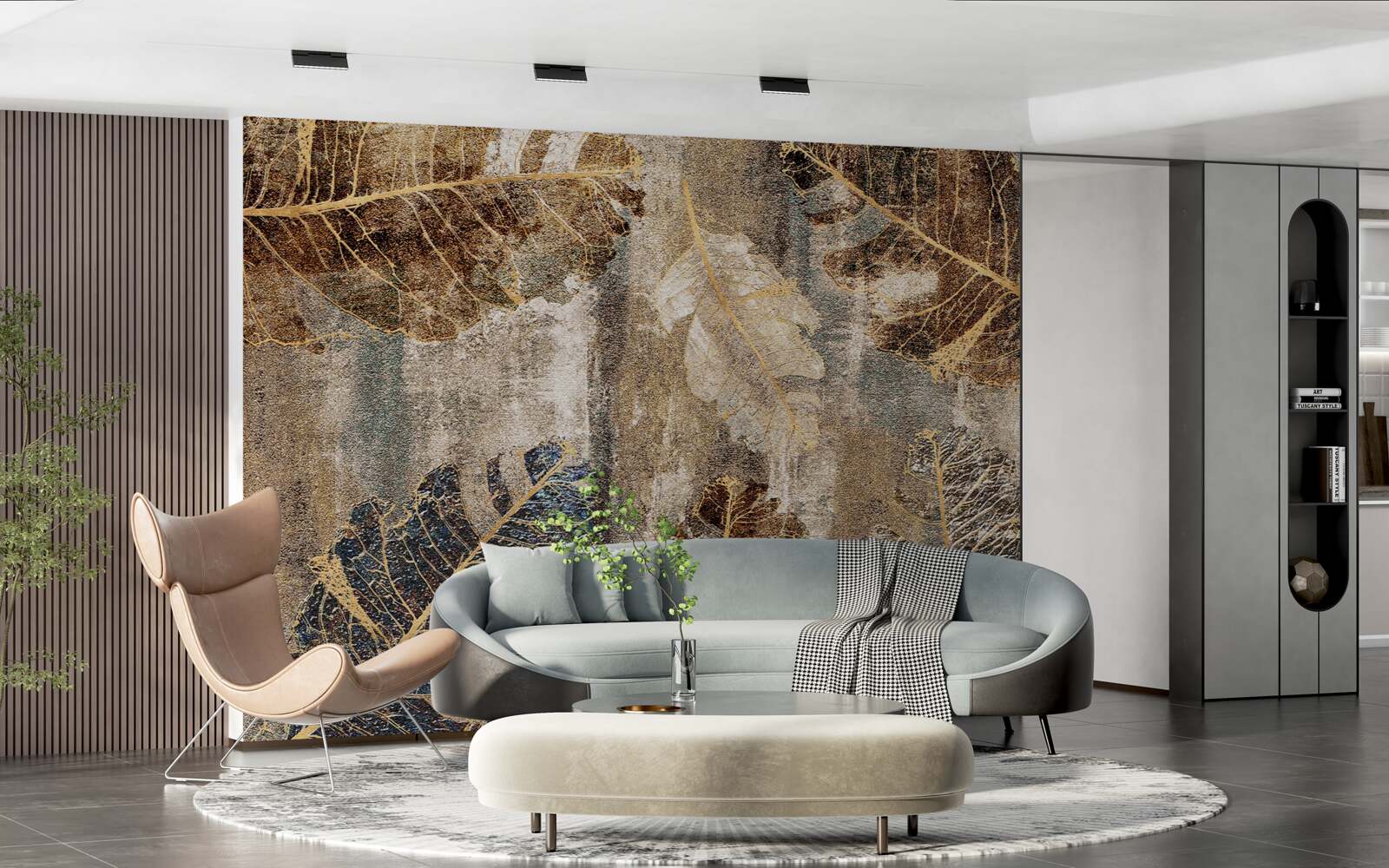 Fotobehang gouden en zwarte varenbladeren