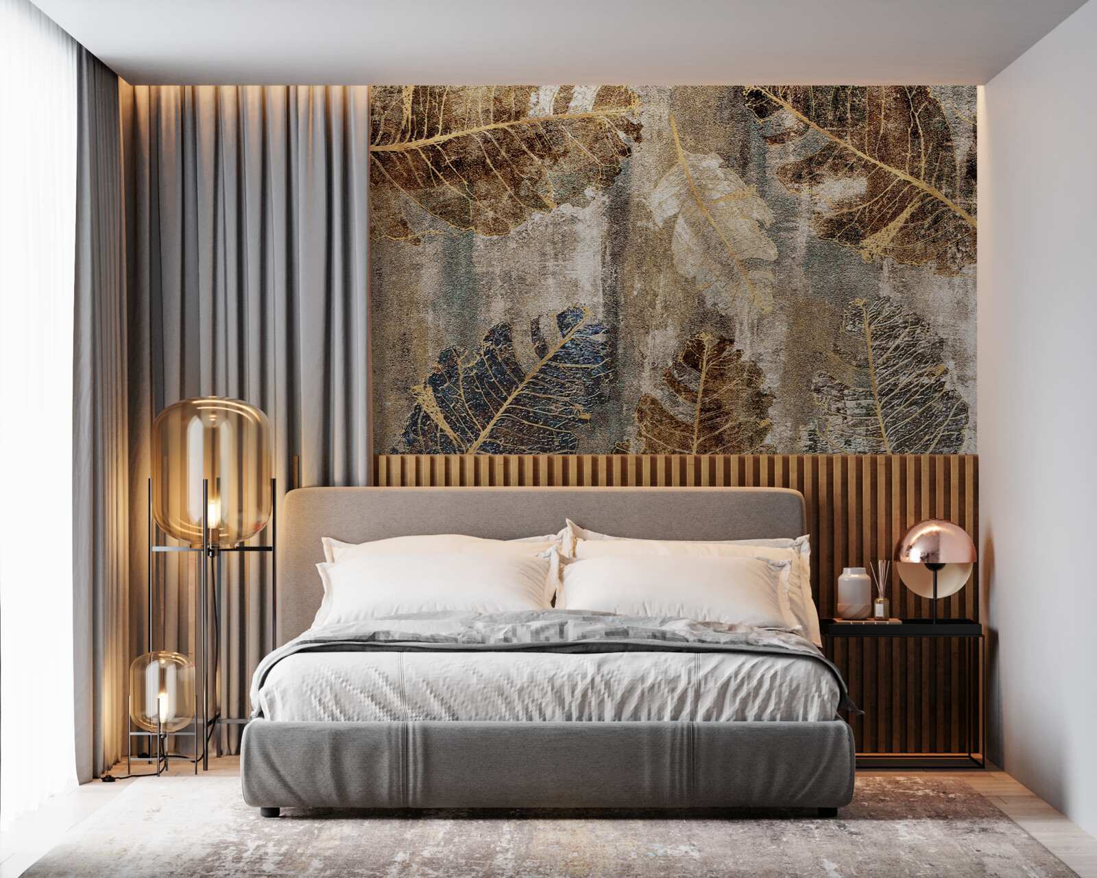 Fotobehang gouden en zwarte varenbladeren