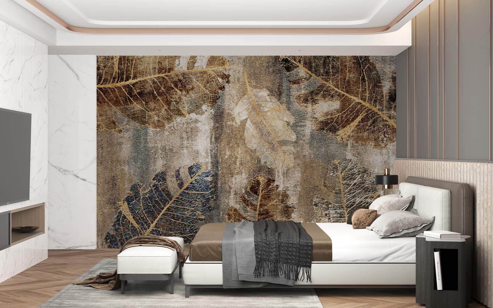 Fotobehang gouden en zwarte varenbladeren