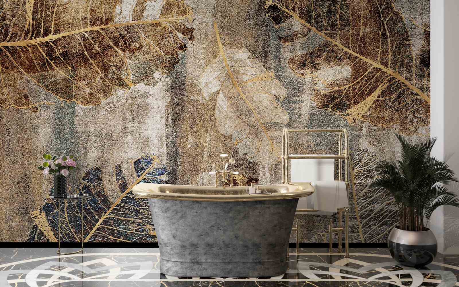 Fotobehang gouden en zwarte varenbladeren