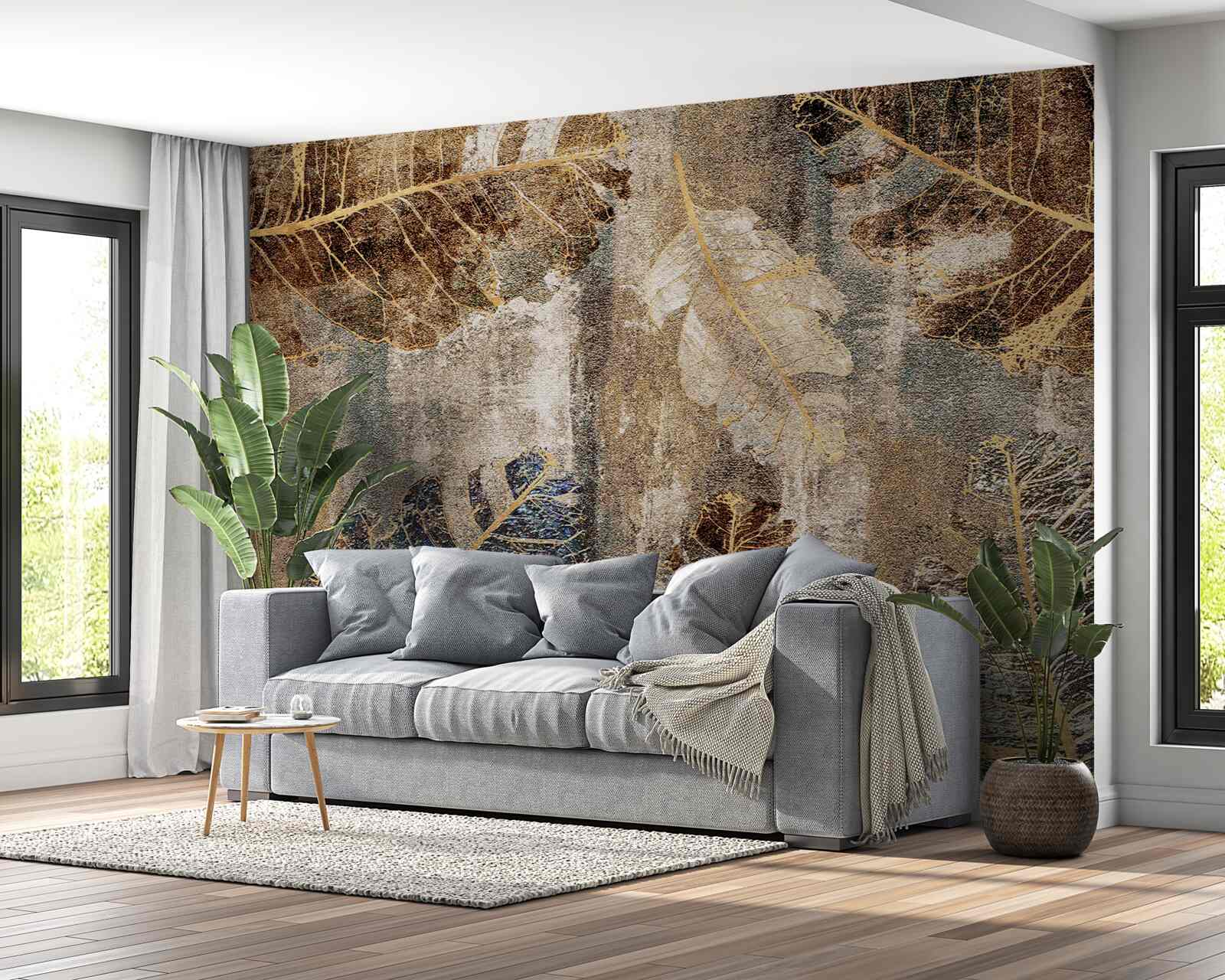 Fotobehang gouden en zwarte varenbladeren