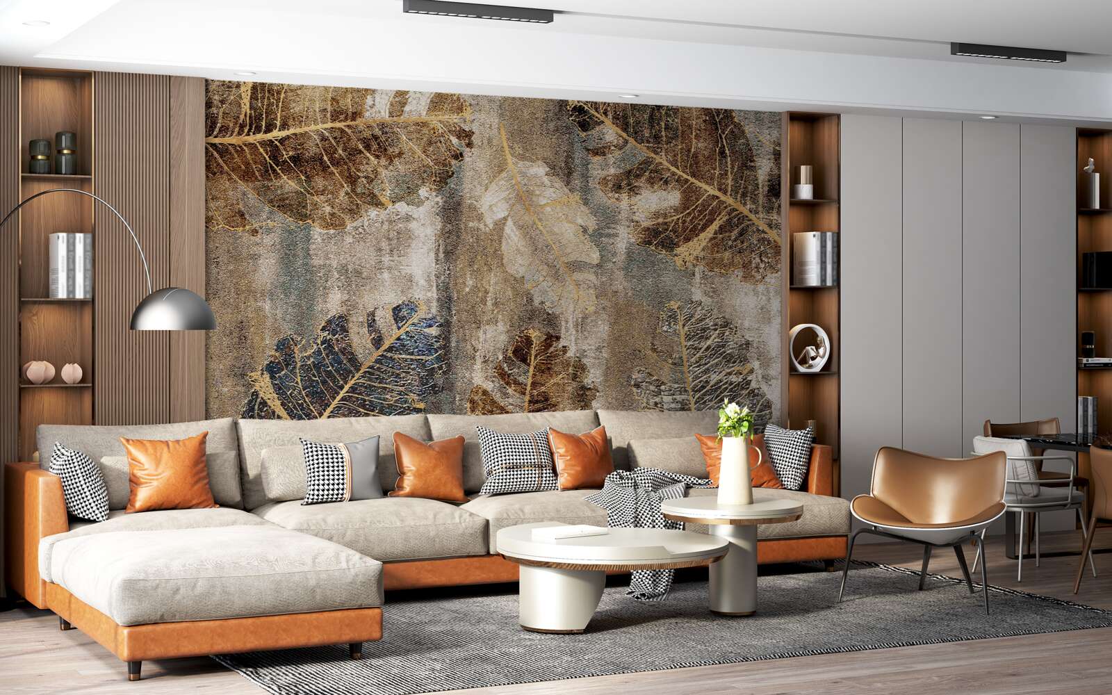 Fotobehang gouden en zwarte varenbladeren