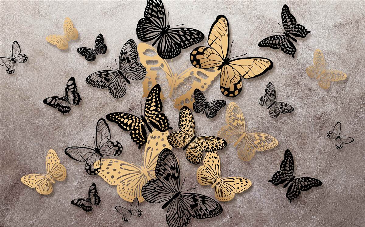 Fotobehang gouden en zwarte vlinders vliegen de lucht in