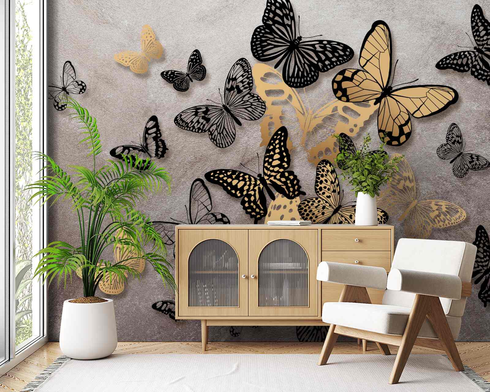 Fotobehang gouden en zwarte vlinders vliegen de lucht in