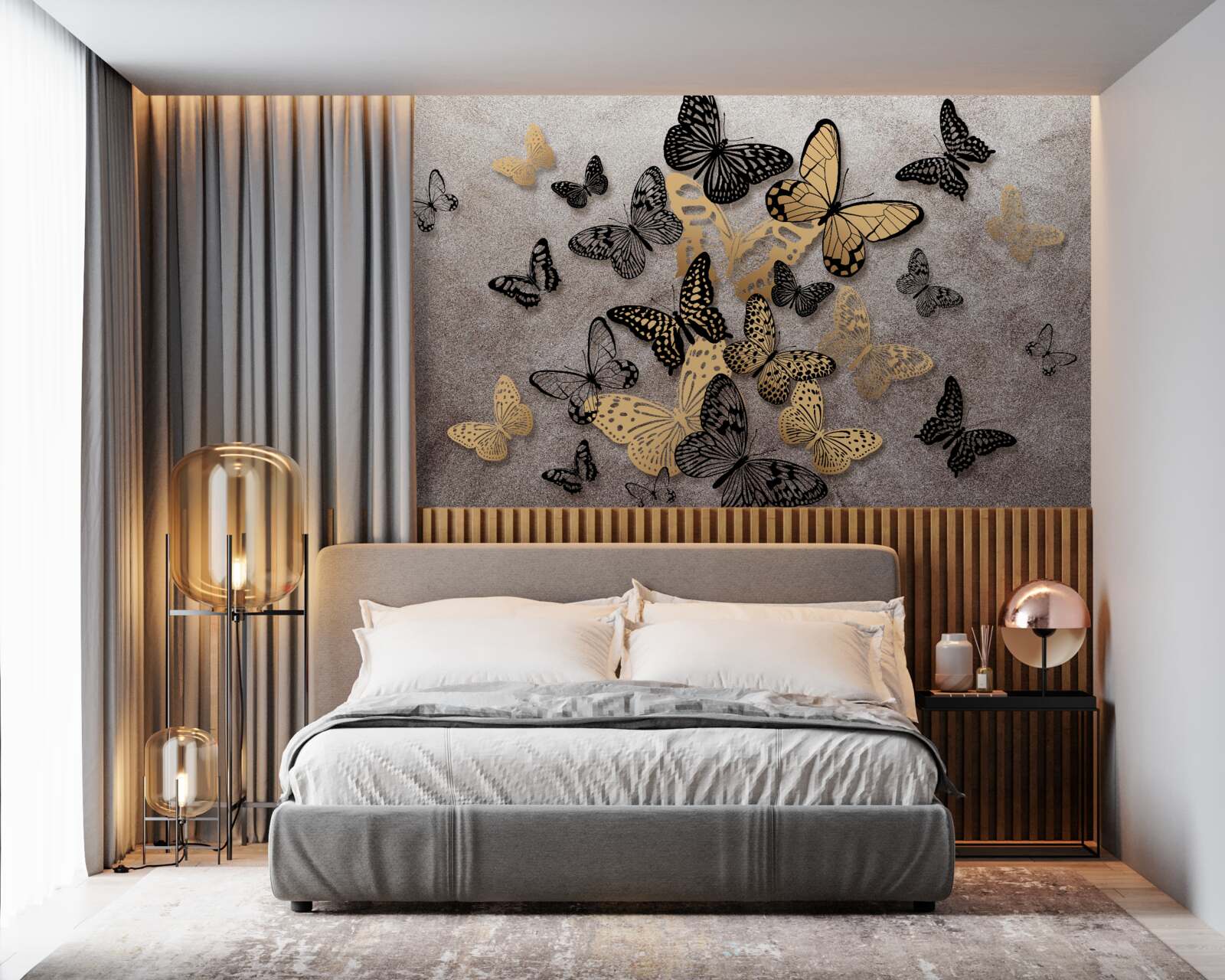 Fotobehang gouden en zwarte vlinders vliegen de lucht in