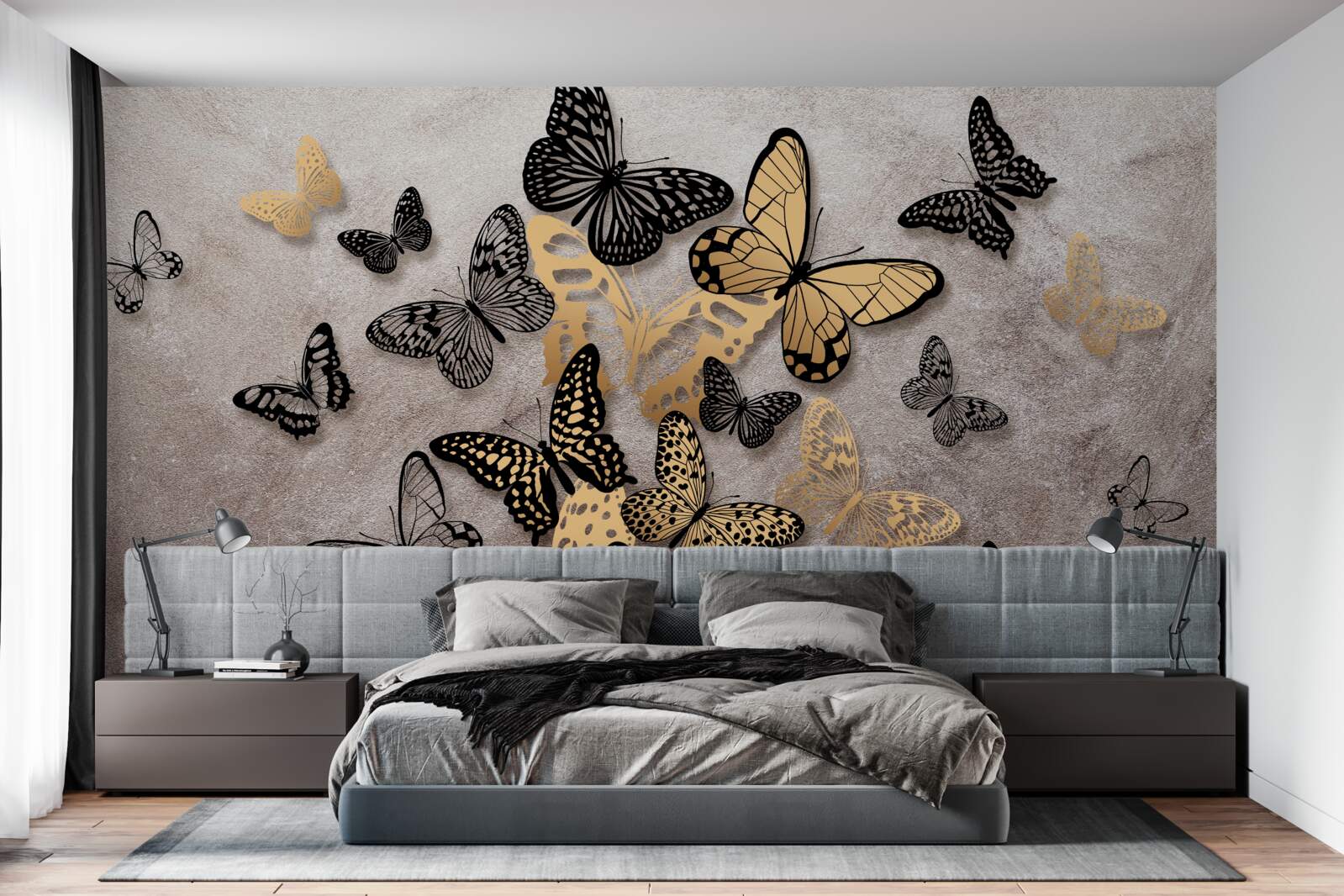 Fotobehang gouden en zwarte vlinders vliegen de lucht in