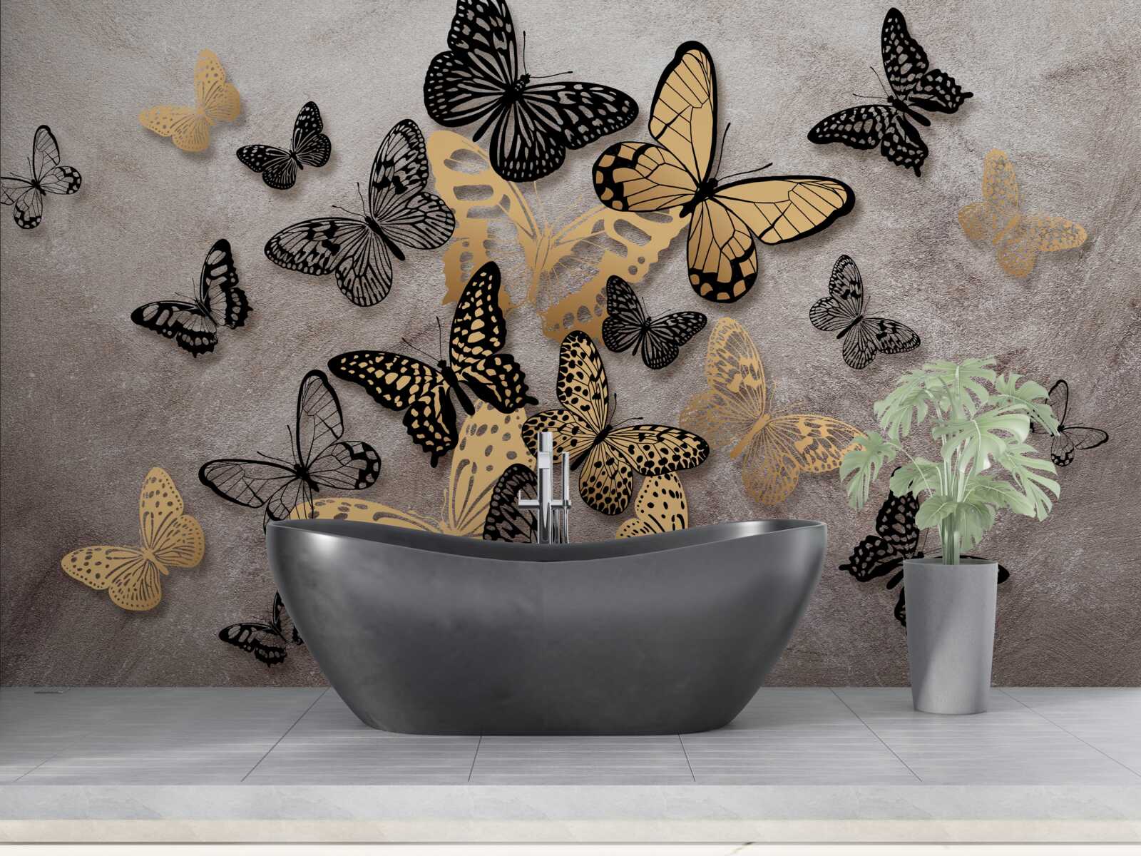 Fotobehang gouden en zwarte vlinders vliegen de lucht in